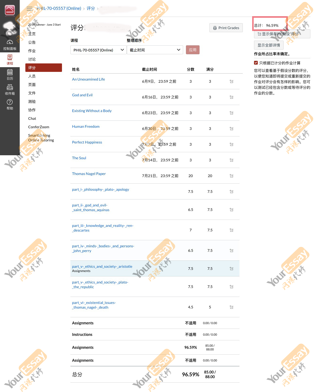 哲学网课代上成绩单